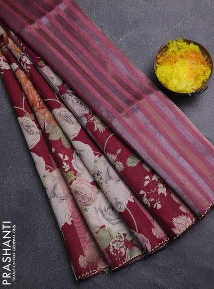 Organza tissue tussar saree maroon with floral prints and lace work border