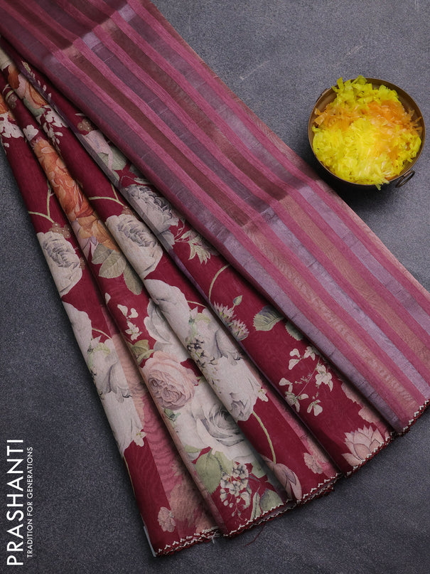Organza tissue tussar saree maroon with floral prints and lace work border