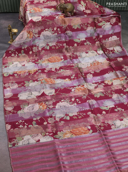 Organza tissue tussar saree maroon with floral prints and lace work border