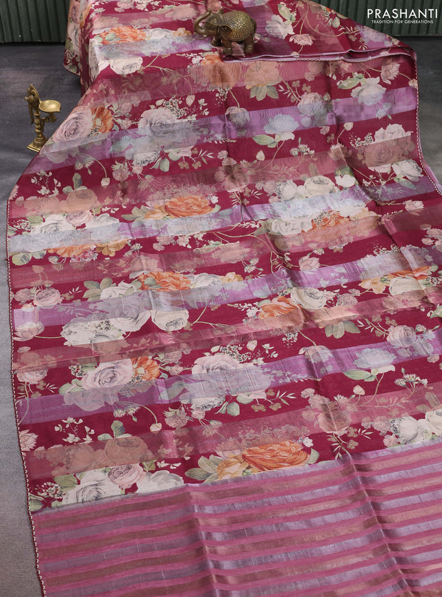 Organza tissue tussar saree maroon with floral prints and lace work border
