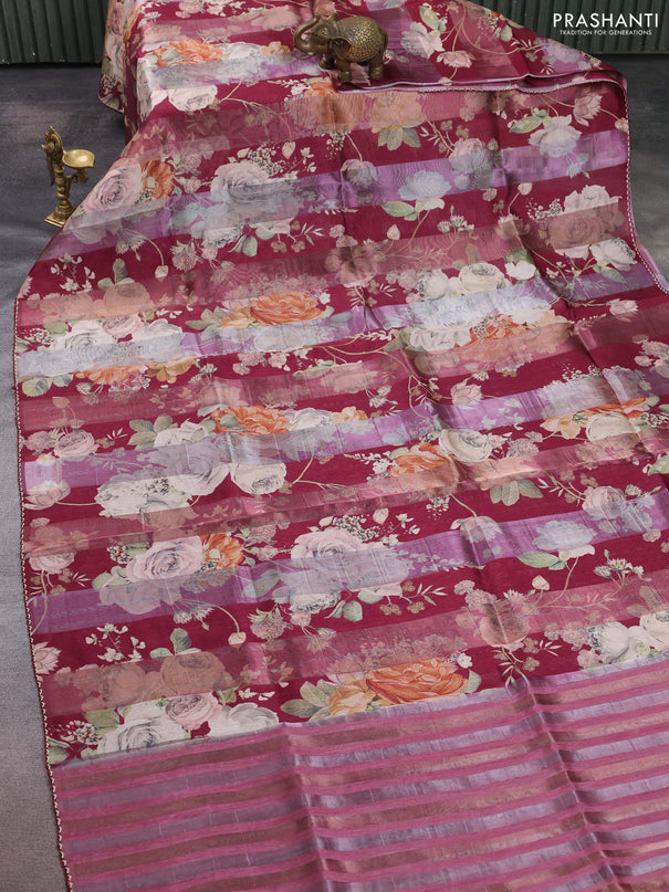 Organza tissue tussar saree maroon with floral prints and lace work border