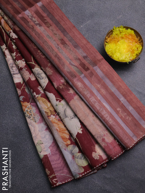 Organza tissue tussar saree maroon with floral prints and lace work border