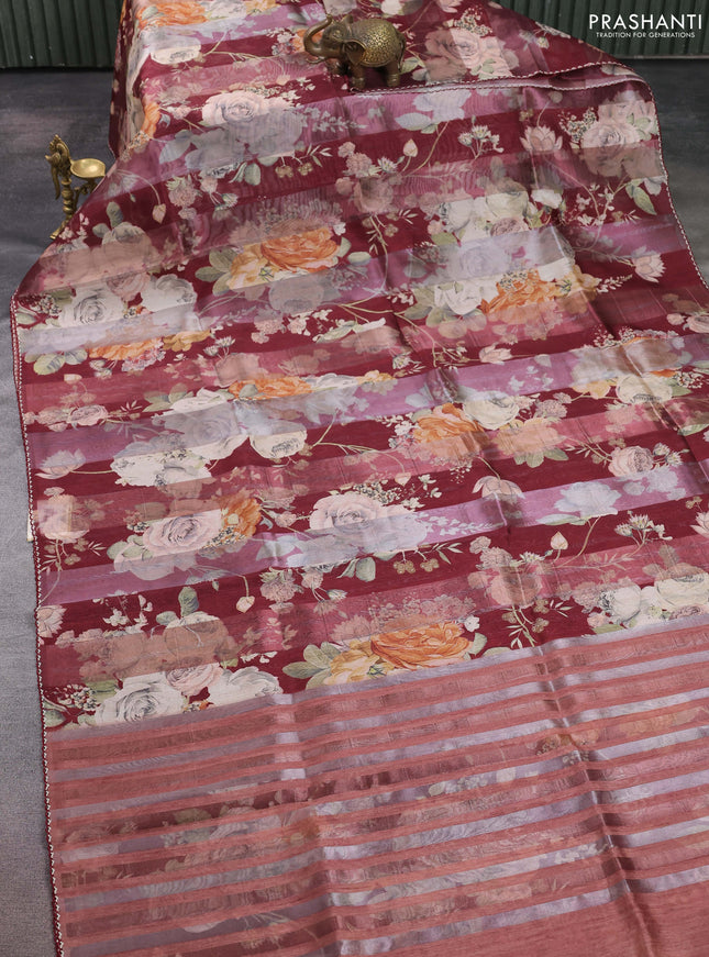 Organza tissue tussar saree maroon with floral prints and lace work border