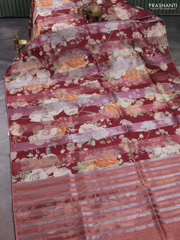 Organza tissue tussar saree maroon with floral prints and lace work border