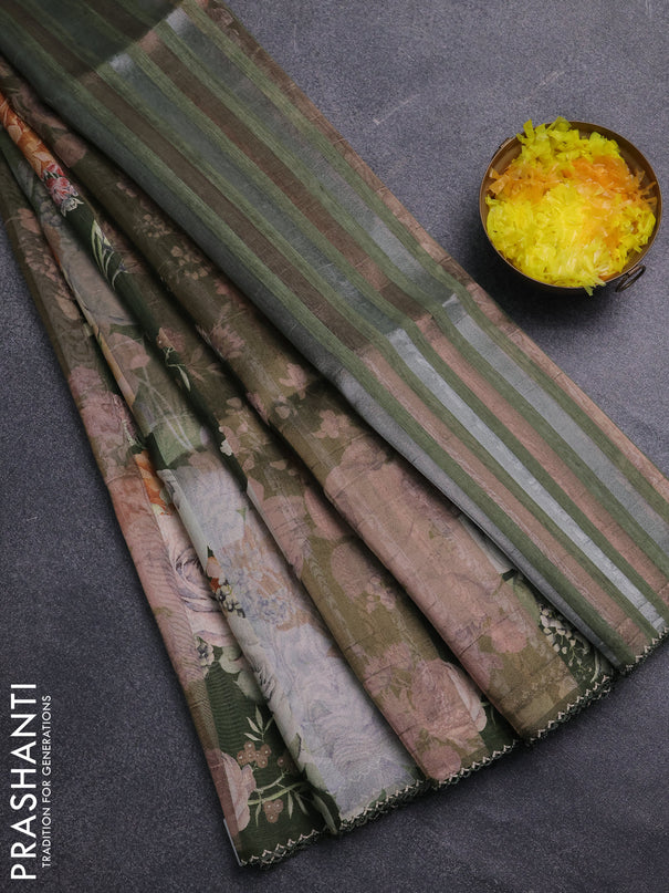 Organza tissue tussar saree sap green with floral prints and lace work border