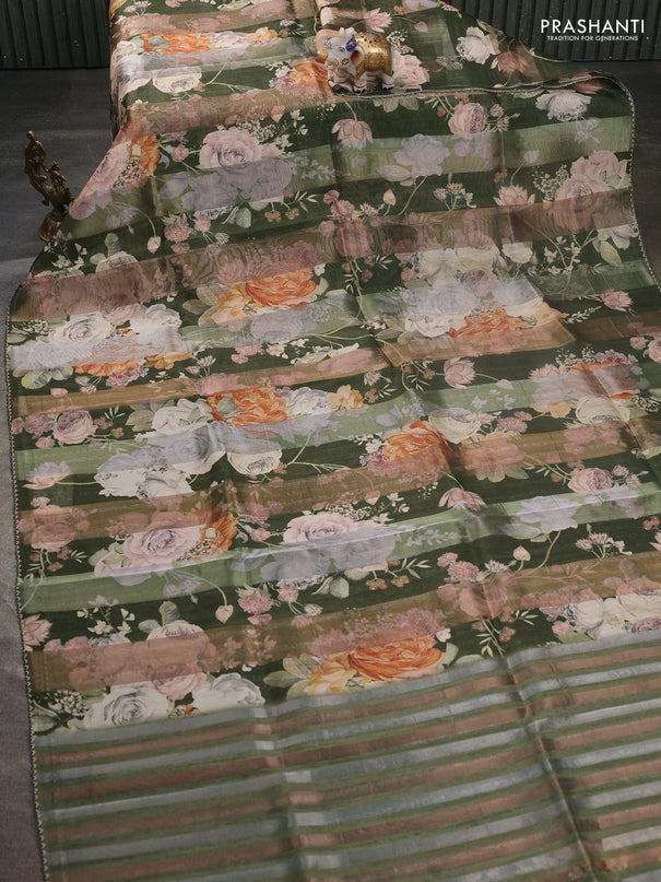 Organza tissue tussar saree sap green with floral prints and lace work border