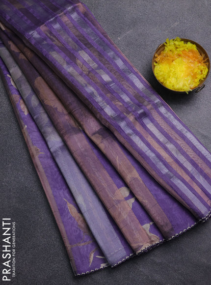 Organza tissue tussar saree violet with floral prints and lace work border