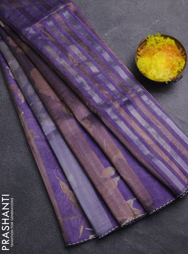 Organza tissue tussar saree violet with floral prints and lace work border