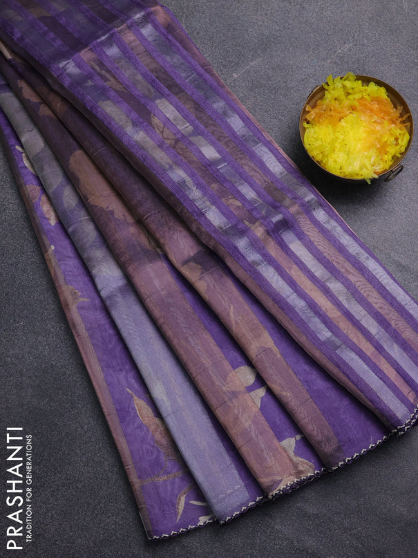 Organza tissue tussar saree violet with floral prints and lace work border
