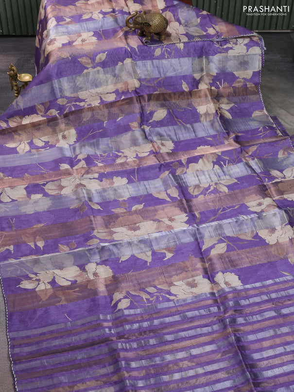 Organza tissue tussar saree violet with floral prints and lace work border