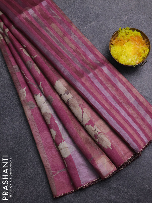 Organza tissue tussar saree onion pink with floral prints and lace work border