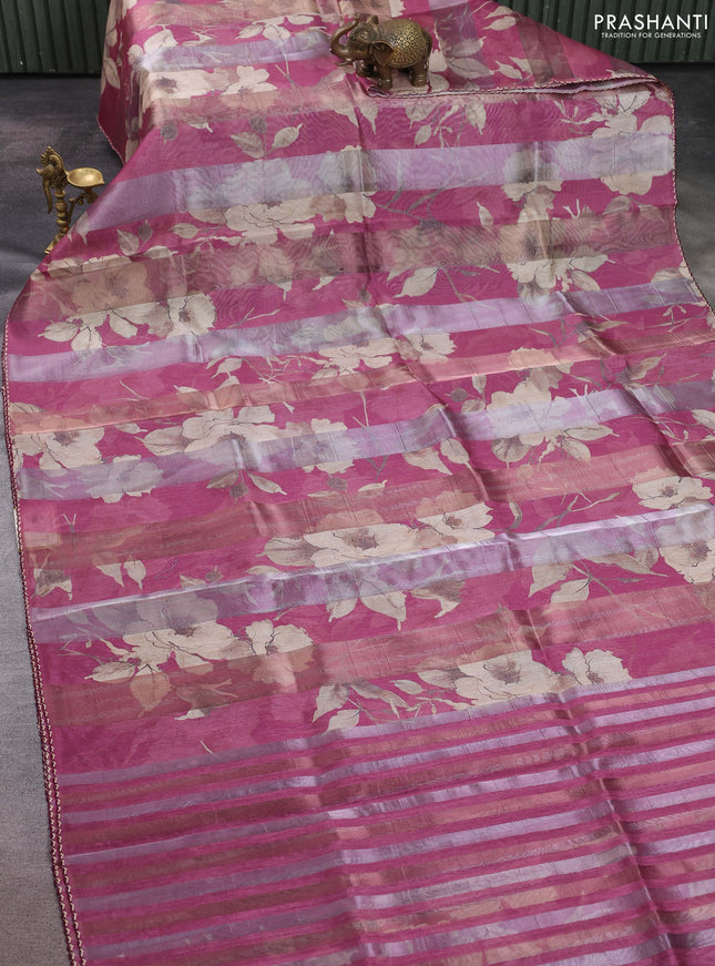 Organza tissue tussar saree onion pink with floral prints and lace work border