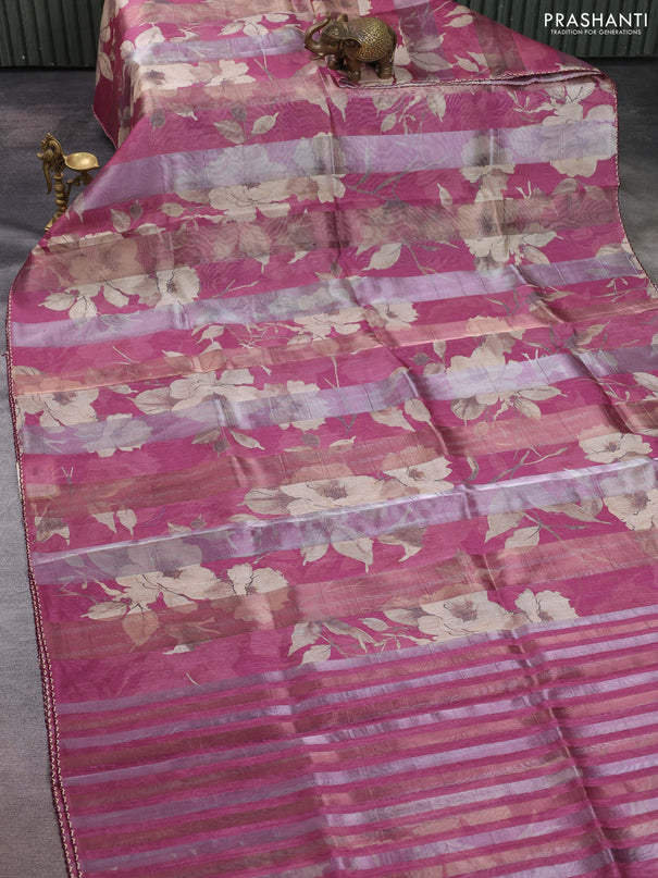 Organza tissue tussar saree onion pink with floral prints and lace work border