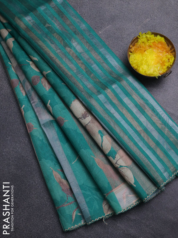 Organza tissue tussar saree green with floral prints and lace work border