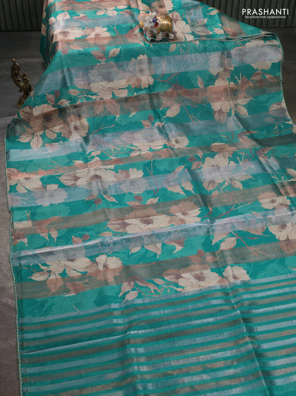 Organza tissue tussar saree green with floral prints and lace work border