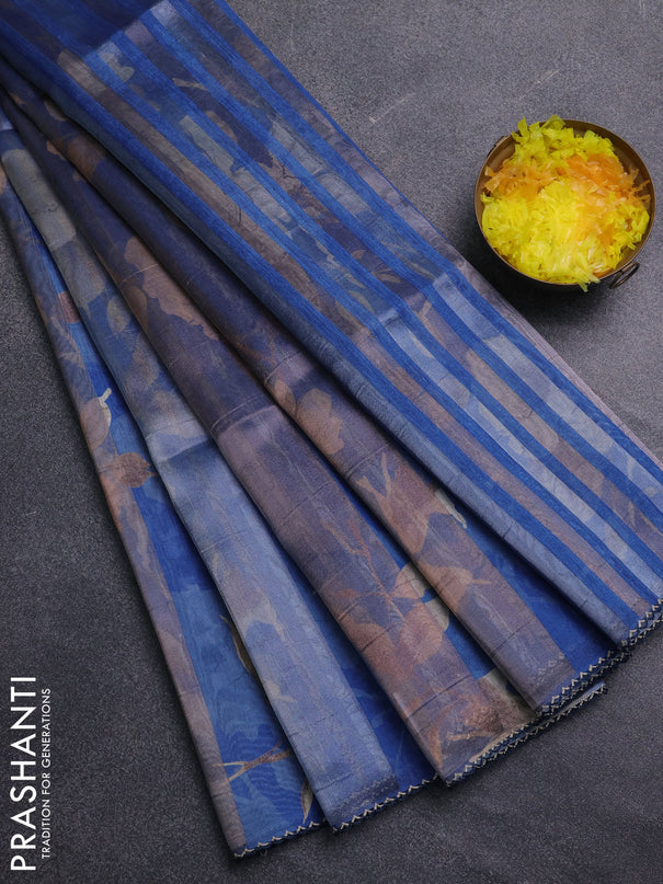 Organza tissue tussar saree cs blue with floral prints and lace work border