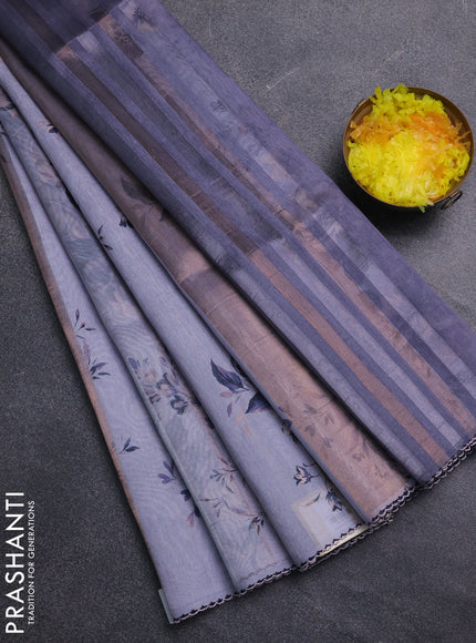 Organza tissue tussar saree pastel grey with floral prints and lace work border
