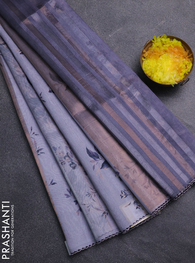 Organza tissue tussar saree pastel grey with floral prints and lace work border