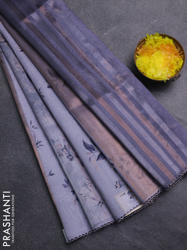 Organza tissue tussar saree pastel grey with floral prints and lace work border