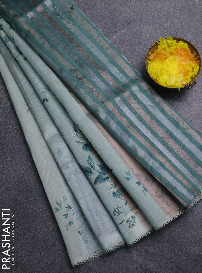 Organza tissue tussar saree pastel green with floral prints and lace work border