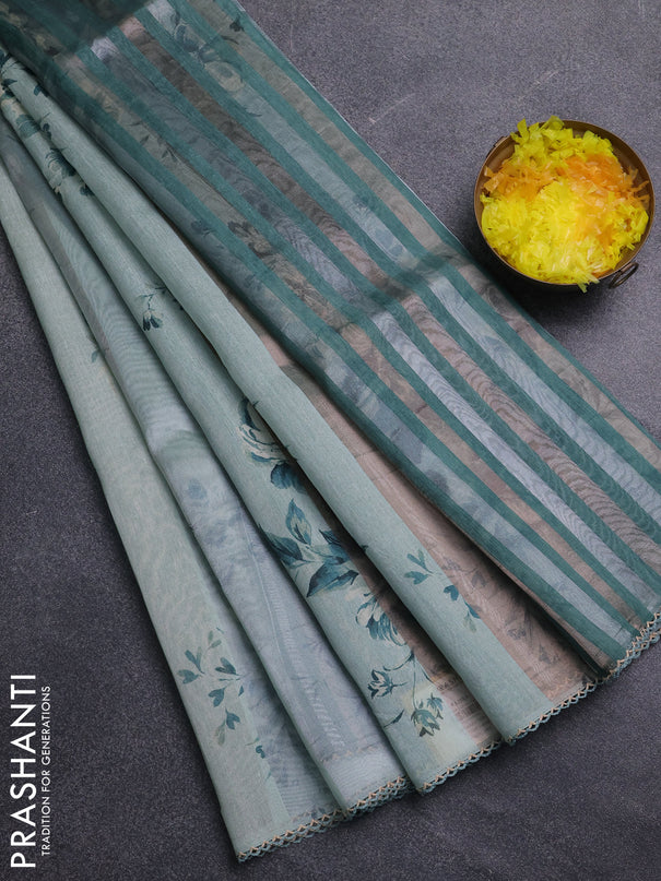 Organza tissue tussar saree pastel green with floral prints and lace work border