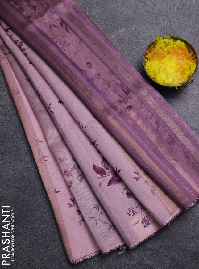 Organza tissue tussar saree pastel pink with floral prints and lace work border