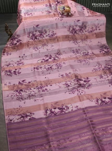 Organza tissue tussar saree pastel pink with floral prints and lace work border