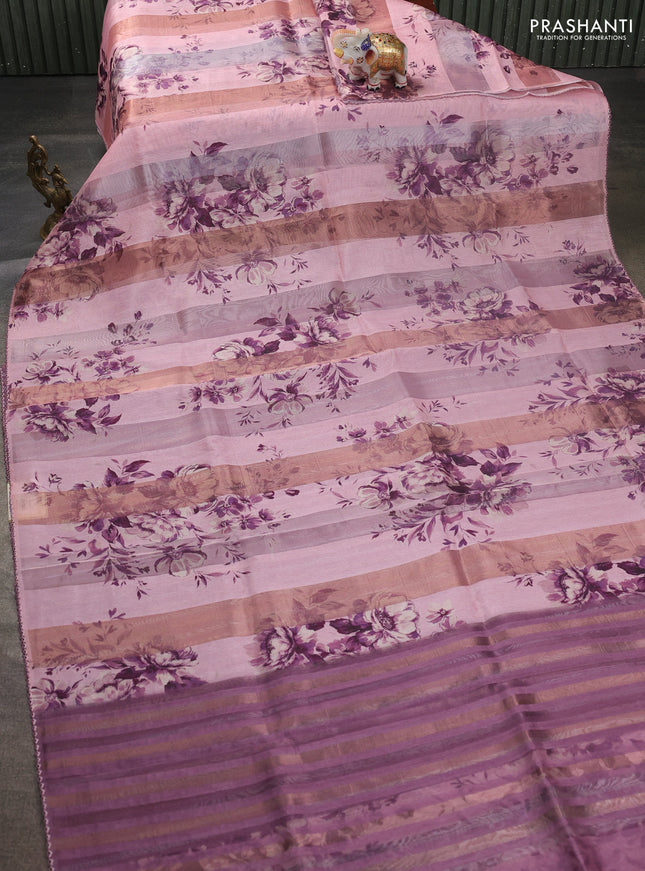 Organza tissue tussar saree pastel pink with floral prints and lace work border