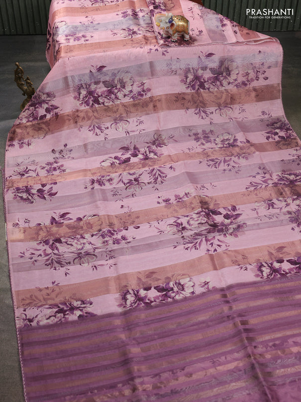 Organza tissue tussar saree pastel pink with floral prints and lace work border