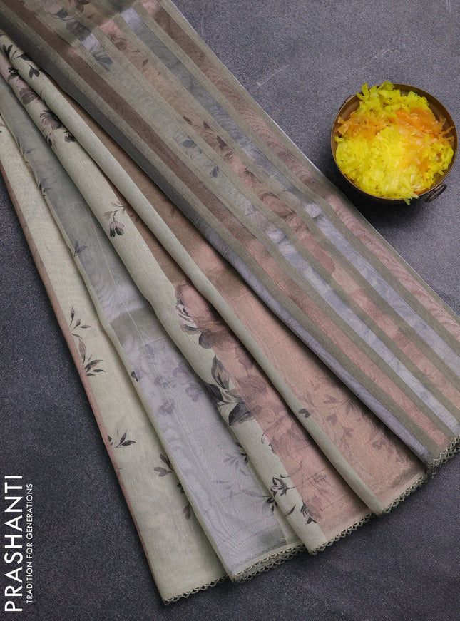 Organza tissue tussar saree cream with floral prints and lace work border