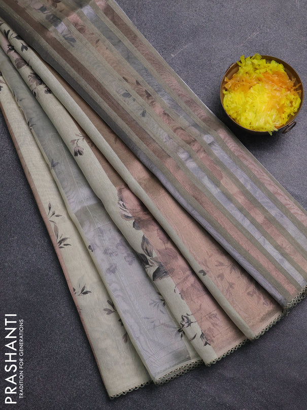 Organza tissue tussar saree cream with floral prints and lace work border