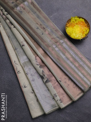 Organza tissue tussar saree cream with floral prints and lace work border