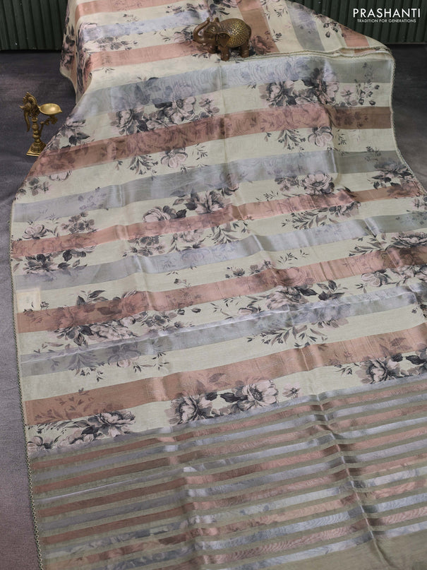 Organza tissue tussar saree cream with floral prints and lace work border