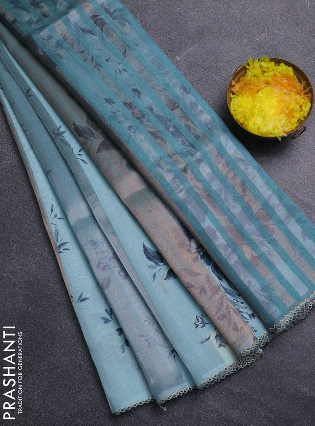 Organza tissue tussar saree light blue with floral prints and lace work border
