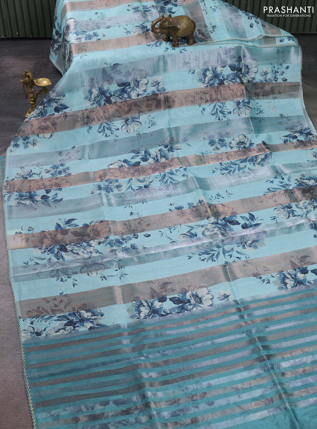 Organza tissue tussar saree light blue with floral prints and lace work border