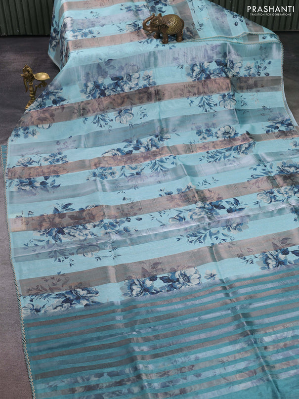Organza tissue tussar saree light blue with floral prints and lace work border