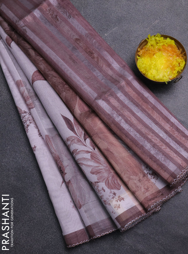 Organza tissue tussar saree pastel pink and brown with floral prints and lace work border