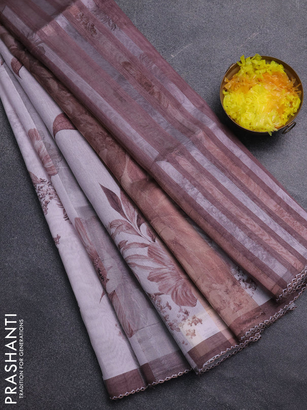 Organza tissue tussar saree pastel pink and brown with floral prints and lace work border