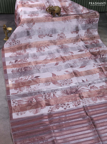 Organza tissue tussar saree pastel pink and brown with floral prints and lace work border