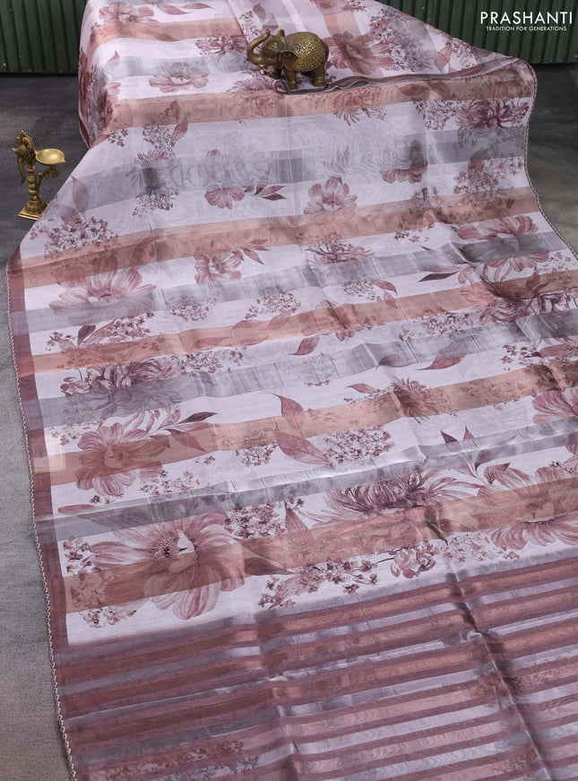 Organza tissue tussar saree pastel pink and brown with floral prints and lace work border