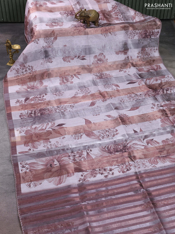 Organza tissue tussar saree pastel pink and brown with floral prints and lace work border