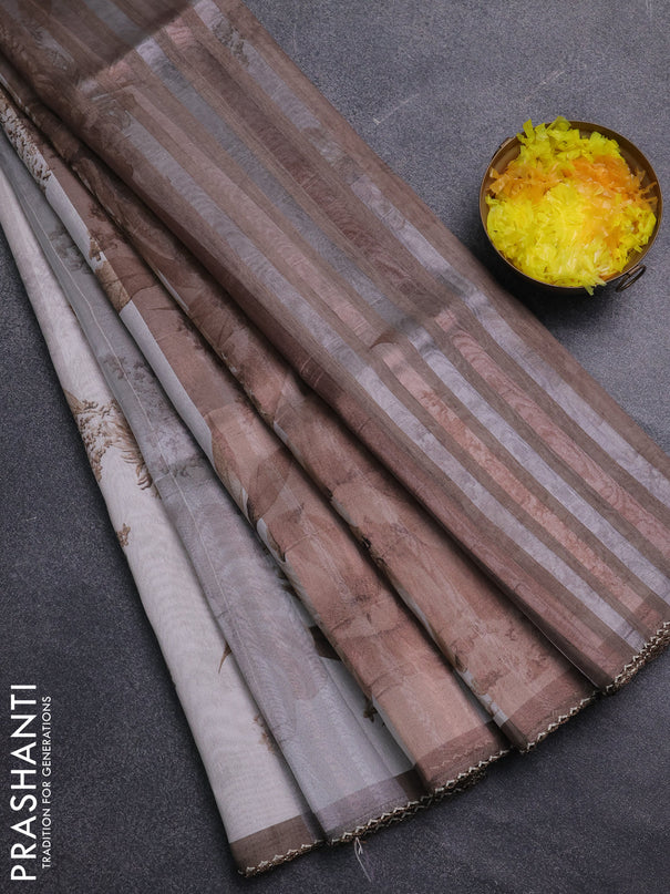 Organza tissue tussar saree pastel grey with floral prints and lace work border