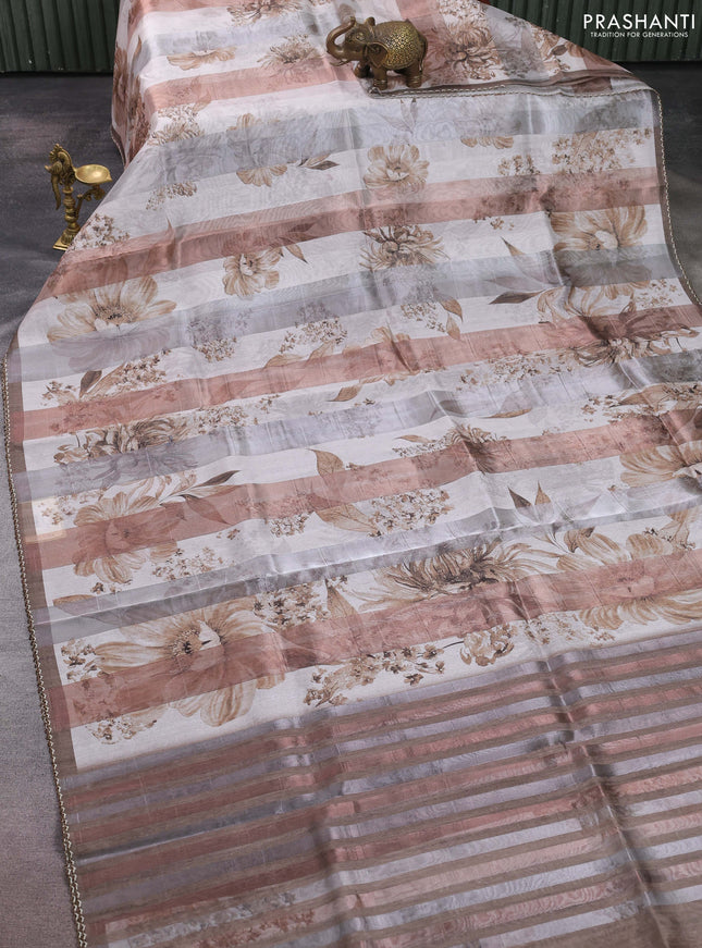 Organza tissue tussar saree pastel grey with floral prints and lace work border