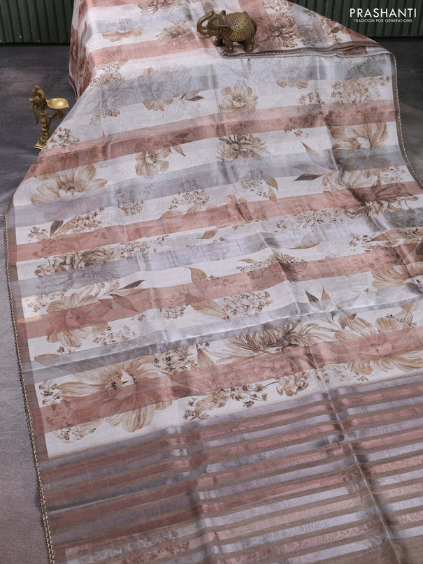 Organza tissue tussar saree pastel grey with floral prints and lace work border