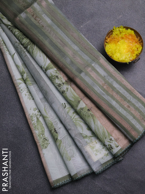Organza tissue tussar saree pista green with floral prints and lace work border