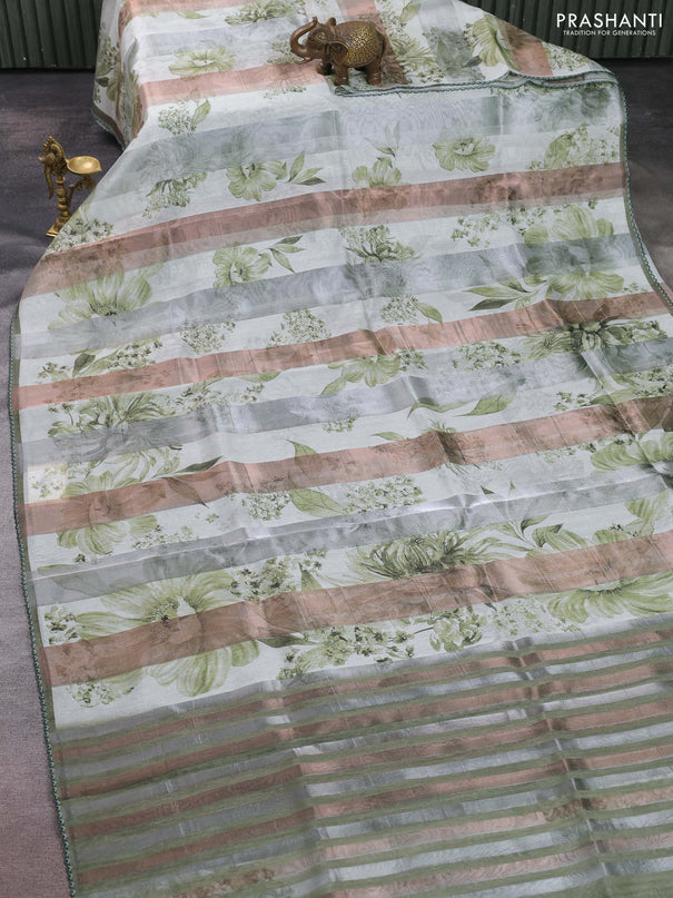 Organza tissue tussar saree pista green with floral prints and lace work border