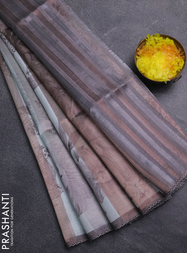 Organza tissue tussar saree grey with floral prints and lace work border