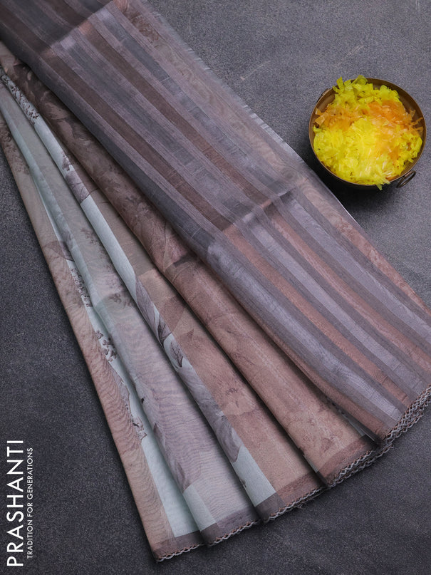 Organza tissue tussar saree grey with floral prints and lace work border