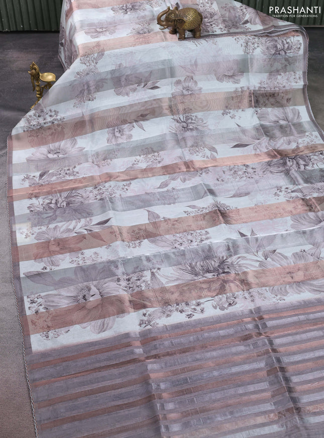 Organza tissue tussar saree grey with floral prints and lace work border