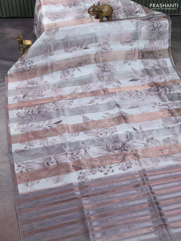 Organza tissue tussar saree grey with floral prints and lace work border